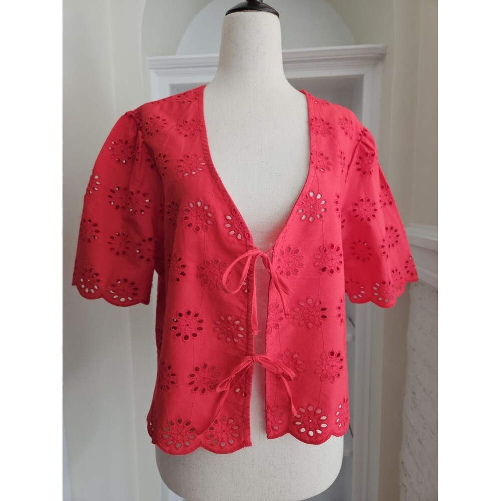 Red/Pink Vibrant Eyelet Tie-Front Blouse, 100% Cotton, Joie Brand
